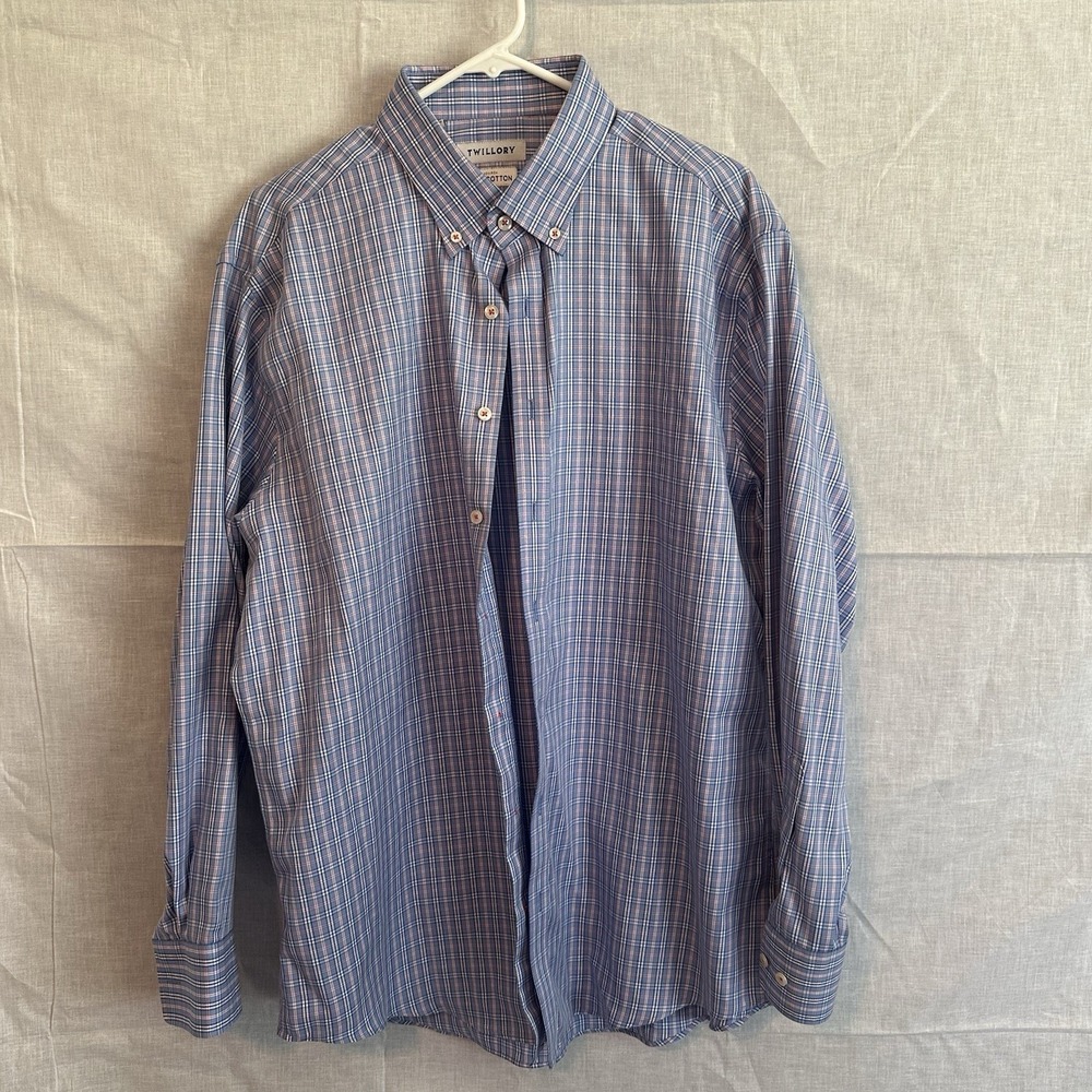 Twillory Safe Cotton Men's 17.5 34/35 Tailored Fit Blue Plaid Button Down  NWOT